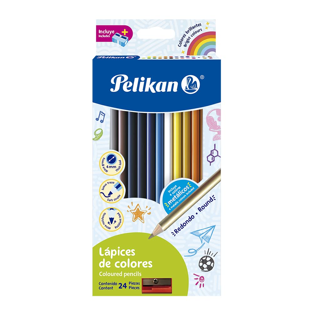 Pelikan Lápices de Colores Redondos con 24 Piezas, Colores Surtidos, Mina de 4mm y Caja de Cartón