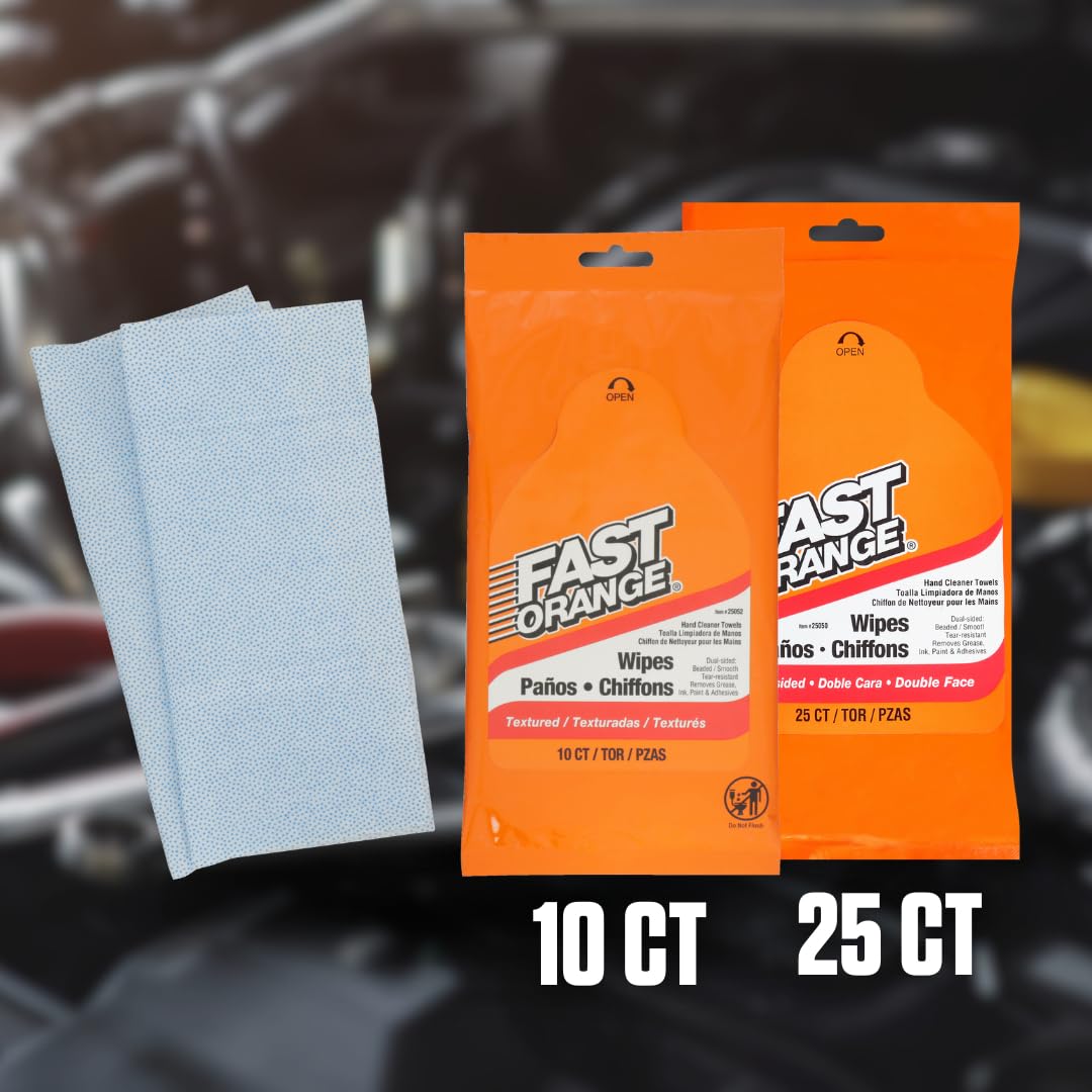 Fast Orange 25050 Toallitas limpiadoras de Manos, toallitas mecánicas para Tienda de automóviles, toallitas Resistentes, Elimina Grasa, Aceite, Gases de Escape de Manos y Piel, 25 Unidades