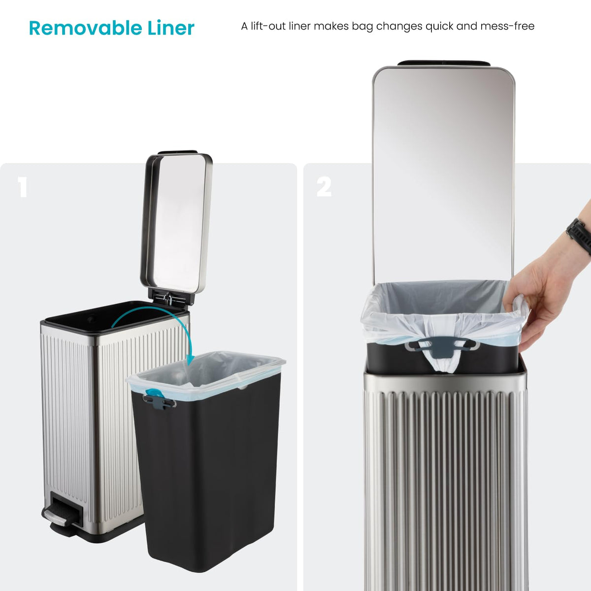 Home Zone Living - Papelera de cocina de 8 galones con tapa de cierre suave y pedal de escalón, acero inoxidable con diseño acanalado delgado para el hogar y la oficina, plata, 30 litros