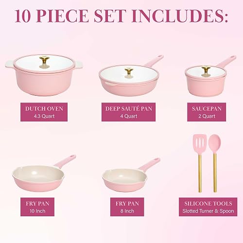Paris Hilton - Juego de utensilios de cocina antiadherentes de cerámica de aluminio fundido con revestimiento antiadherente de doble capa, perillas de corazón dorado, asas que se mantienen frescas,