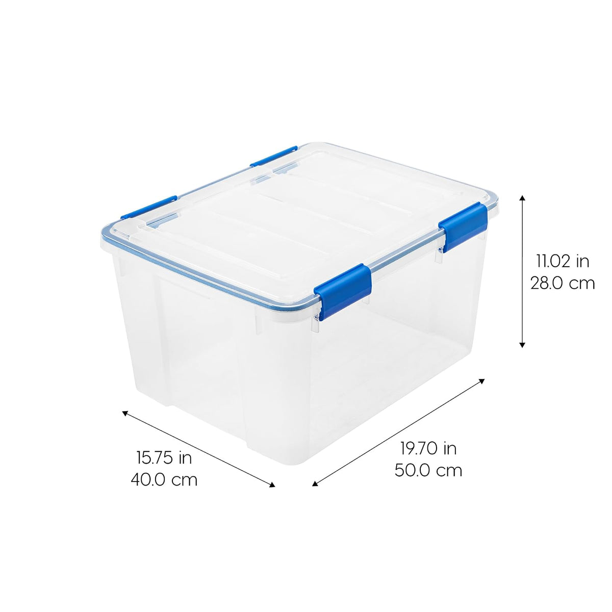 IRIS USA 2 Contenedores de 44 Qt con Tapa Hermética, Claro/Azul | El sello WeatherPro protege artículos voluminosos para mudanzas, garajes, áticos y sótanos.