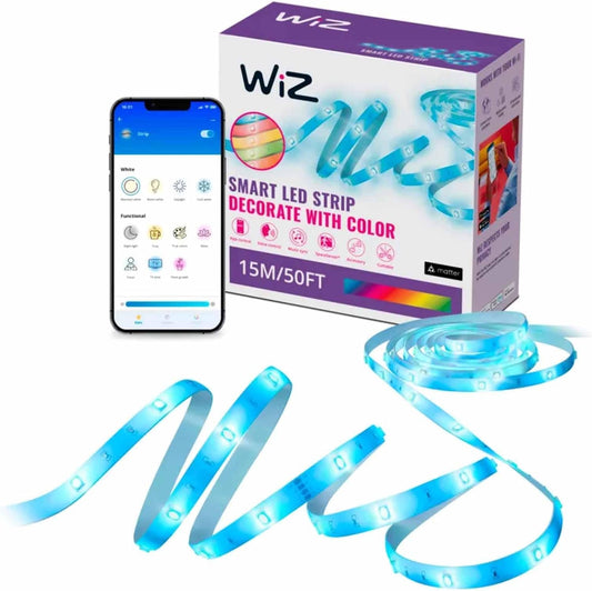 WiZ - Tira de luz inteligente conectada, automatización de puesta de sol/salida del sol, modos preestablecidos, control con voz o aplicación, iluminación RGB a todo color, control de voz, corte de 50