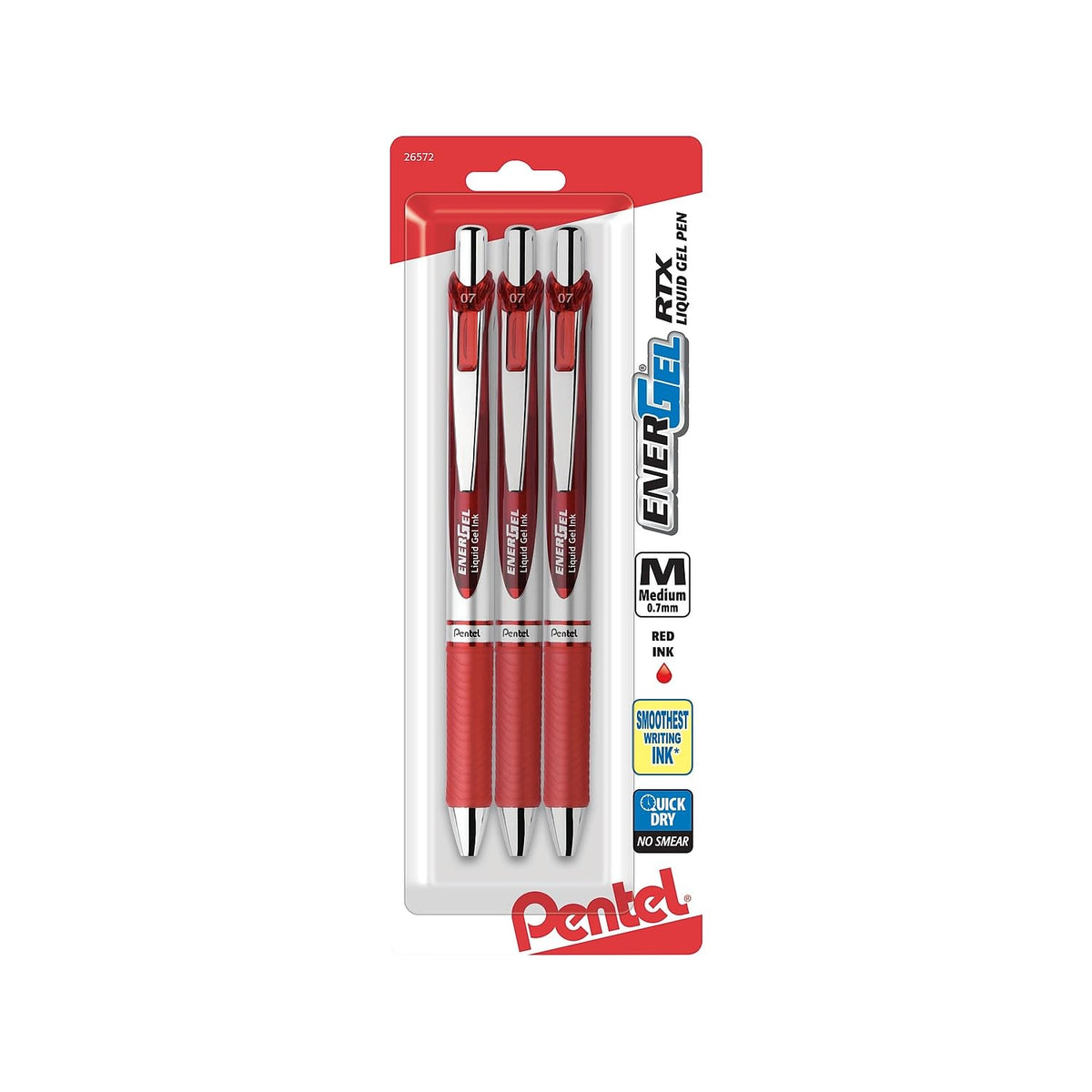 Pentel EnerGel Deluxe RTX Bolígrafo Retráctil de Tinta Gel Líquido, Punta de Metal - 0.7 mm - Rojo - - 3 Unidad (Paquete de 1)