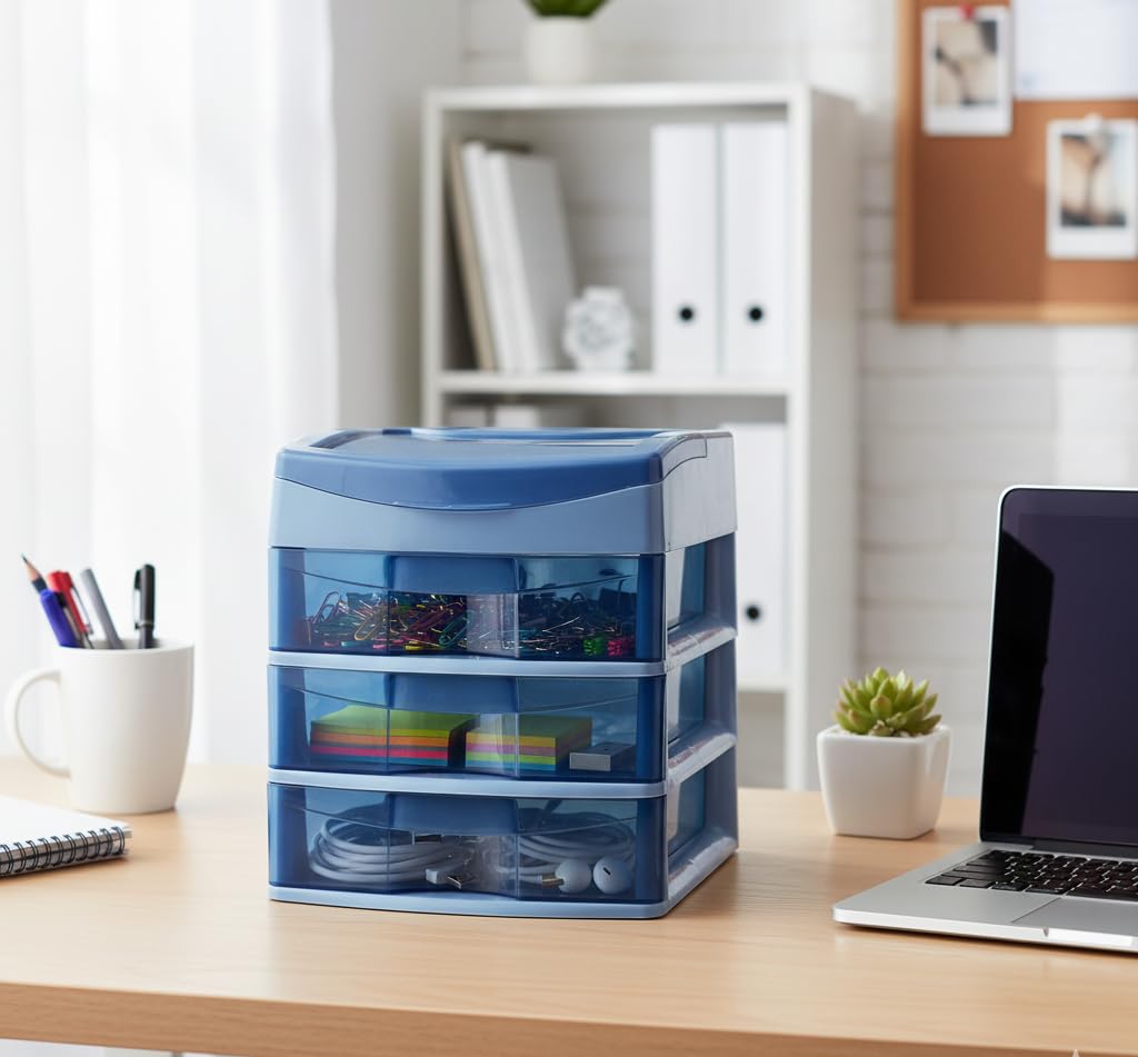Italhome Cajonera de Plástico Sesia Azul, Mini Organizador de Escritorio Multiusos con 3 Cajones Transparentes