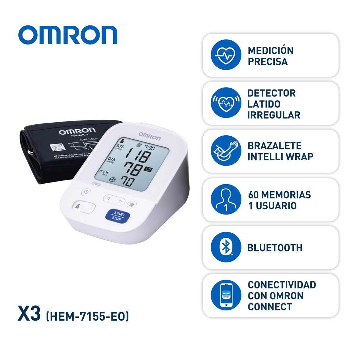 OMRON X3 Comfort Baumanómetro de Brazo, Bluetooth y App Connect | Validado clínicamente, incluso en embarazo. Brazalete Intelli Wrap 22-42 cm. Detecta latidos irregulares. Garantía 5 años.