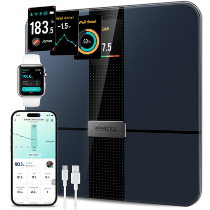 Etekcity Báscula Digital de Baño con Cinta Métrica Vidrio Templado 180 kg - Apex WiFi - visualización de color negro