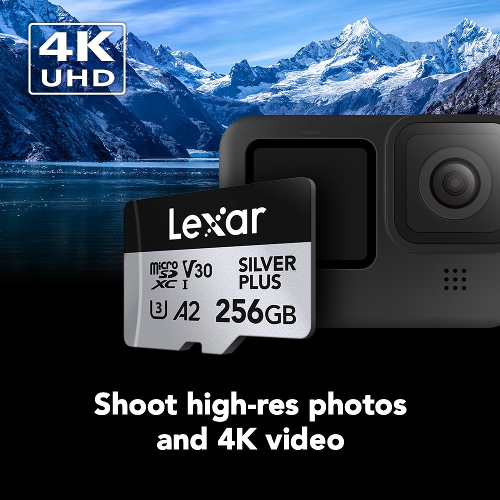 Lexar Tarjeta Micro SD Profesional Silver Plus de 256 GB, UHS-I, C10, U3, V30, Full HD y 4K, Tarjeta de Memoria microSDXC de hasta 205/150 MB/s, para videógrafos, Jugadores (LMSSIPL256G-B2ANU)
