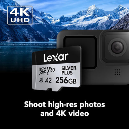Lexar Tarjeta Micro SD Profesional Silver Plus de 256 GB, UHS-I, C10, U3, V30, Full HD y 4K, Tarjeta de Memoria microSDXC de hasta 205/150 MB/s, para videógrafos, Jugadores (LMSSIPL256G-B2ANU)