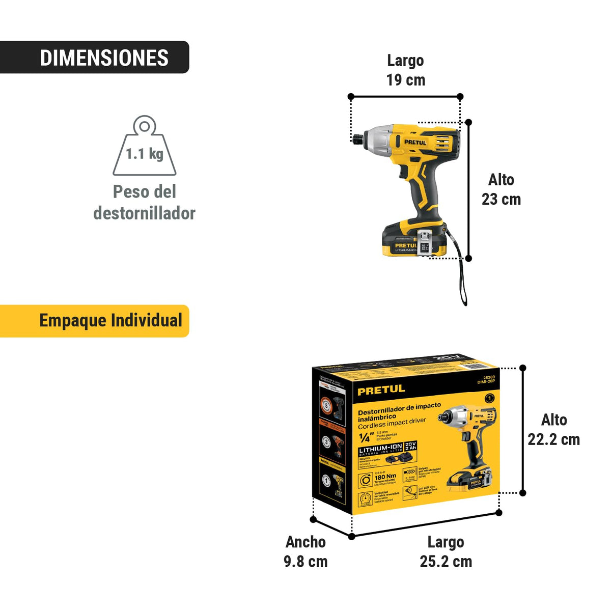 Pretul DIMI-20P, Destornillador de impacto inalámbrico 1/4", 20 V con 1 batería de 2 Ah