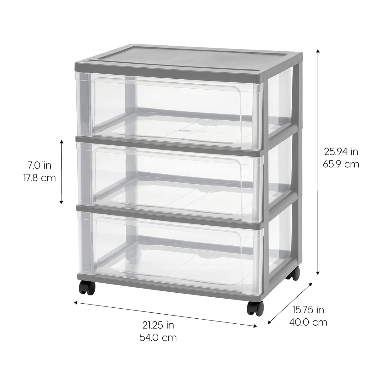 IRIS USA Carrito Organizador Ancho de 3 Cajones con Ruedas, Gris | Guarda ropa, toallas, artículos de oficina, manualidades y artículos del hogar con almacenamiento organizado