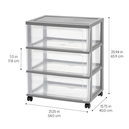 IRIS USA Carrito Organizador Ancho de 3 Cajones con Ruedas, Gris | Guarda ropa, toallas, artículos de oficina, manualidades y artículos del hogar con almacenamiento organizado