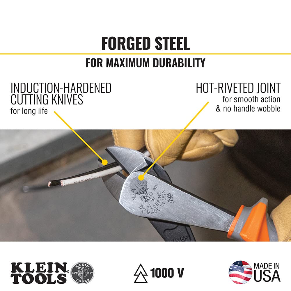 Klein Tools 2288RINS - Alicates diagonales aislados de 1000 V, fabricados en Estados Unidos, diseño de alto apalancamiento, cuchillos endurecidos por inducción, 8 pulgadas