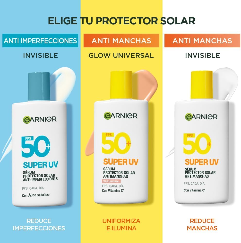 Garnier Super UV Protector Solar Facial Fluido Acabado Luminoso con Textura Invisible y Ligera, 40ml