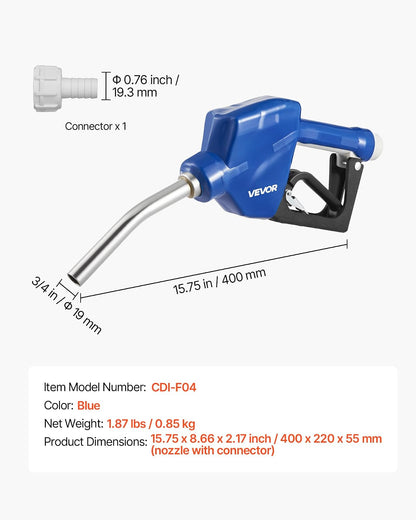 VEVOR Boquilla de 3/4" para fluido de escape diésel, caudal máximo de 11,6 GPM, boquilla dispensadora con apagado automático, para urea y fluidos industriales, color azul