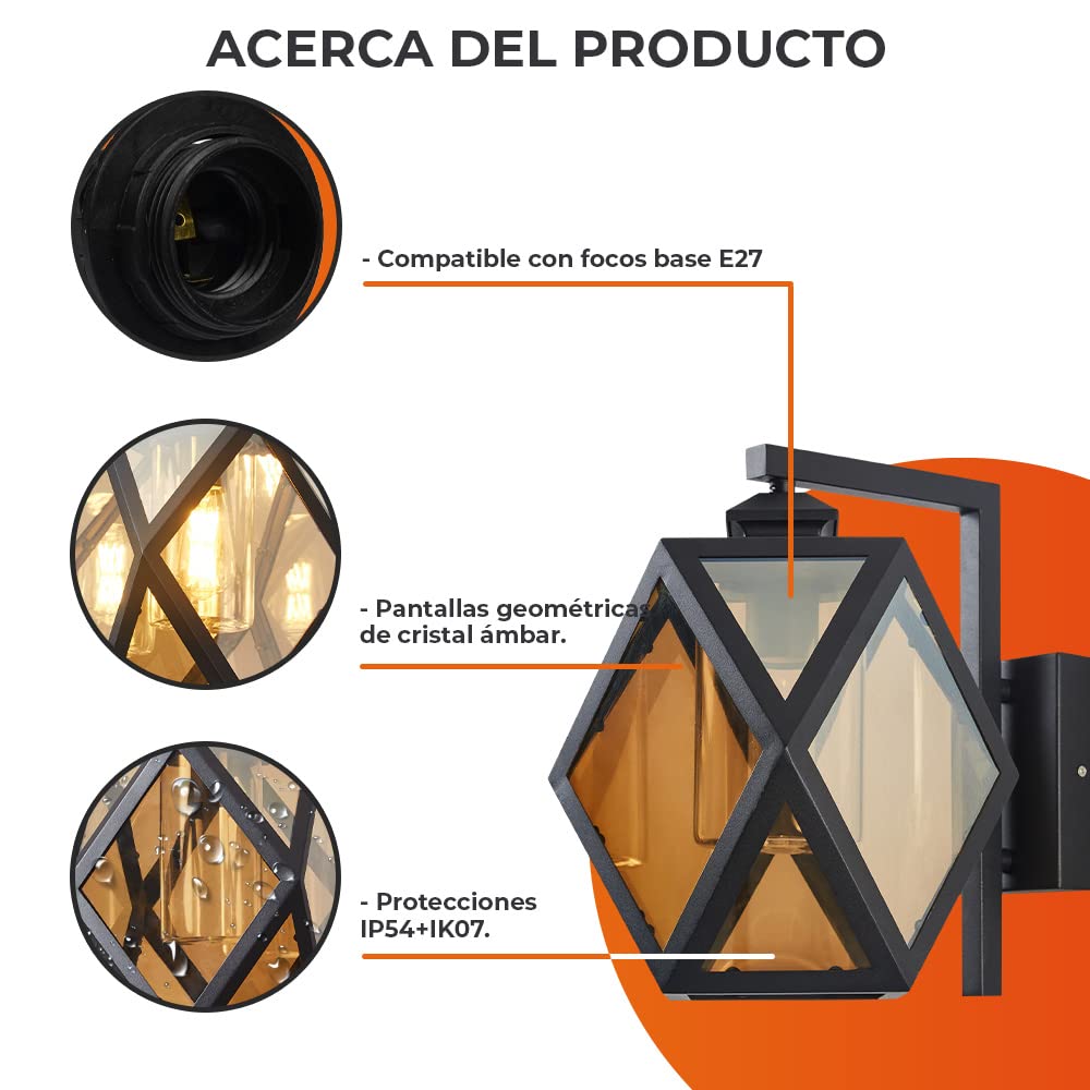 Tecnolite Lámpara de Pared Arbotante Cristal Exterior, Potencia Máx. 60 W, 1 Base E27, IP54, IK07, No incluye foco