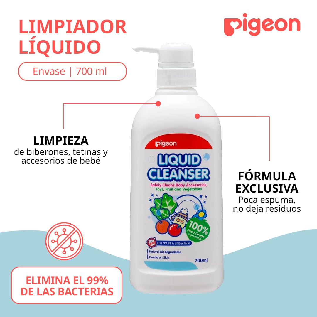 PIGEON | Limpiador Liquido para Biberones Recien Nacido - Tetinas y Accesorios de Bebé | Limpiador Multiusos Frutas y Verduras - Elimina Bacterias | Kit de Viaje Cosas para Bebes Recien Nacidos 700ml