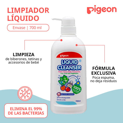 PIGEON | Limpiador Liquido para Biberones Recien Nacido - Tetinas y Accesorios de Bebé | Limpiador Multiusos Frutas y Verduras - Elimina Bacterias | Kit de Viaje Cosas para Bebes Recien Nacidos 700ml