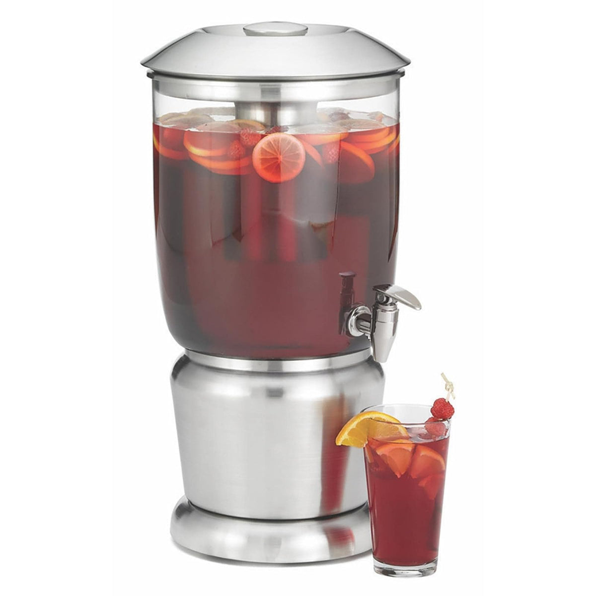 TableCraft 75 - Dispensador de bebidas de 2.5 galones con infusor de frutas y soporte, Tritan y acero inoxidable cepillado, dispensador de bebidas frías para catering y uso doméstico