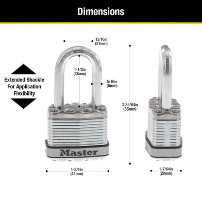 Master Lock M1XKADCCSEN Magnum Candado laminado, 4.45 cm de ancho, acero de 0.8 cm, 2.54 cm de distancia al grillete, Paquete de 4, 1-1/2 Inch Shackle