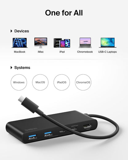 Belkin Hub USB C, concentrador de 7 Puertos con visualización HDMI 4K a 60Hz, SD y MicroSD, Entrega de energía de 100 W, Transferencia de Datos rápida de 5 Gbps, Adaptador multipuerto USB C para