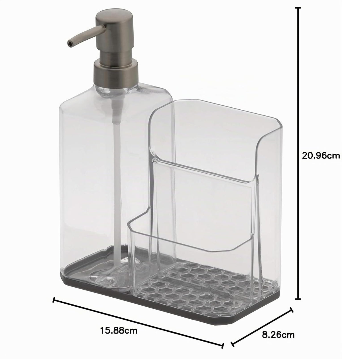 Spectrum Diversified Hexa Sponge & Brush Kitchen Organizer with Refillable Soap Pump, Sponge & Dish, Easy-Clean Sink Organization & Dish Brush Holder with Removable Base, Clear/Gray