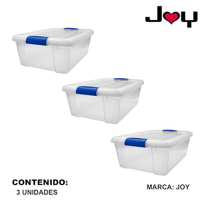 JOY - Caja de Almacenamiento Apilable, Pack de 3, para Organizador Armario, Juguetes, Ropa, con Broche y Tapa Duradera, 15 Litros de Capacidad, Plástico Libre de BPA, Transparente