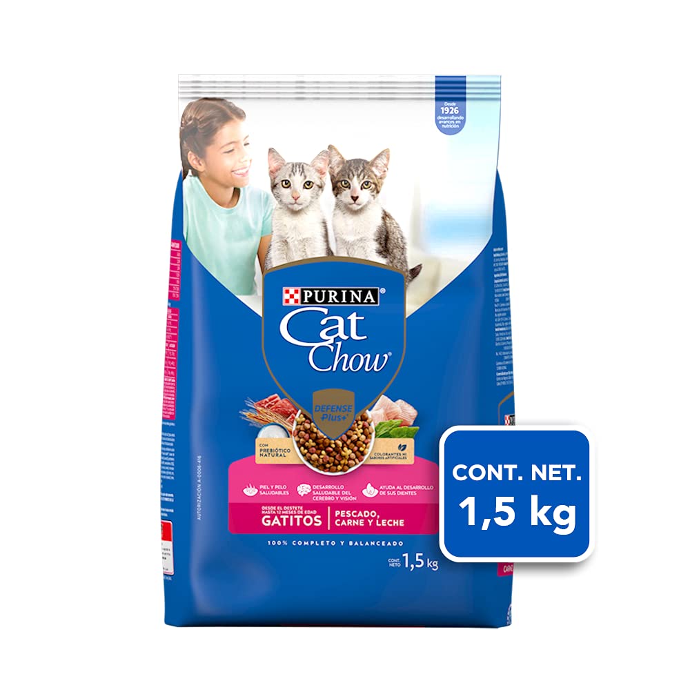 Purina Cat Chow Gatitos 1 a 12 Meses 1.5 Kg, 1 Count + Cat Chow Defense Plus Alimento seco para Gatitos Sabor Pescado, Carne y Leche, Bulto de 500g