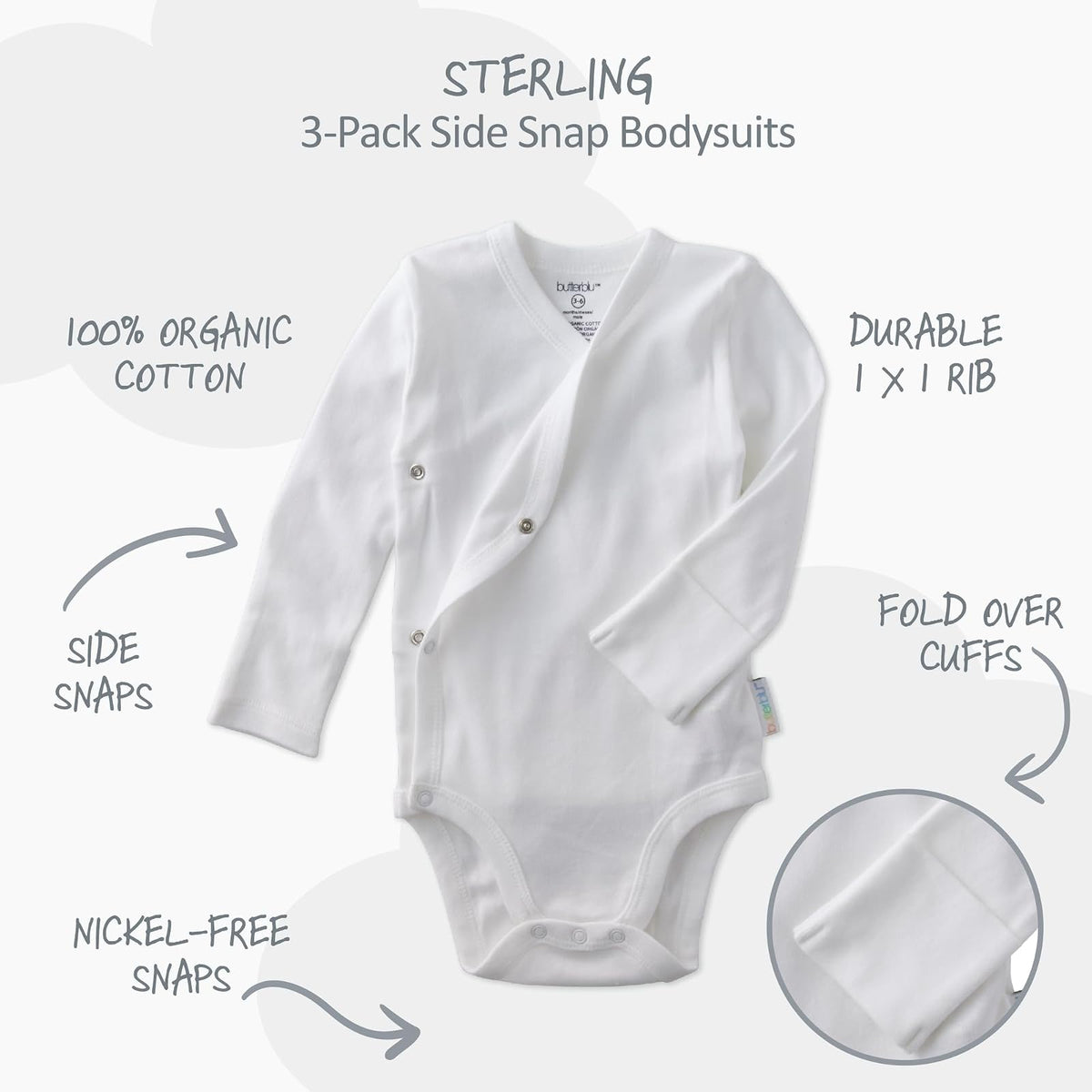 Butterblu Sterling - Paquete de 3 Mamelucos Tipo Kimono 100% algodón orgánico con Cierre Lateral para recién Nacidos y bebés, niños, Unisex
