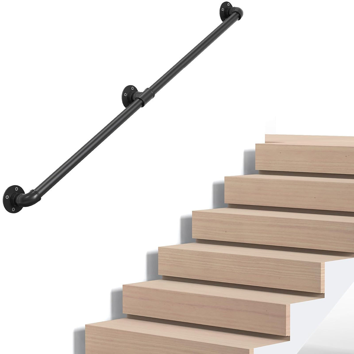Pasamanos de escalera de tubería industrial, de metal para montaje en pared para escalones interiores y exteriores, hierro galvanizado negro, estilo clásico de granja, soporte resistente