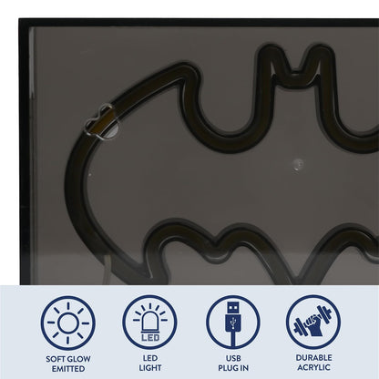 DC Comics Batman - Letrero acrílico de neón con luces para pared o mesa, 9 pulgadas de ancho x 5 pulgadas de alto x 1.8 pulgadas de profundidad