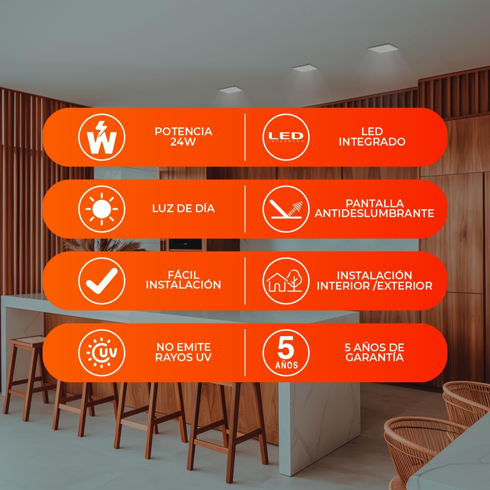 Tecnolite Lámpara Plafón LED 24 W - Luz de Día, IP54, IK05, Lámpara de Techo de Sobreponer Cuadrada, LED integrado