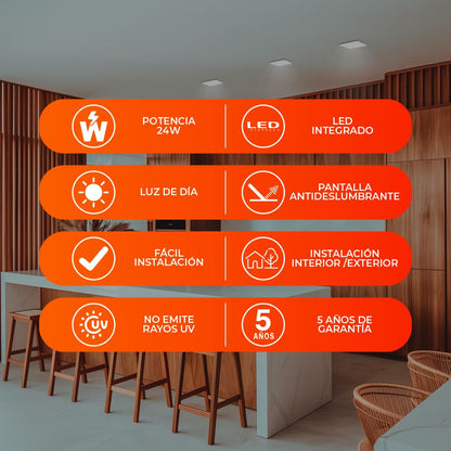Tecnolite Lámpara Plafón LED 24 W - Luz de Día, IP54, IK05, Lámpara de Techo de Sobreponer Cuadrada, LED integrado