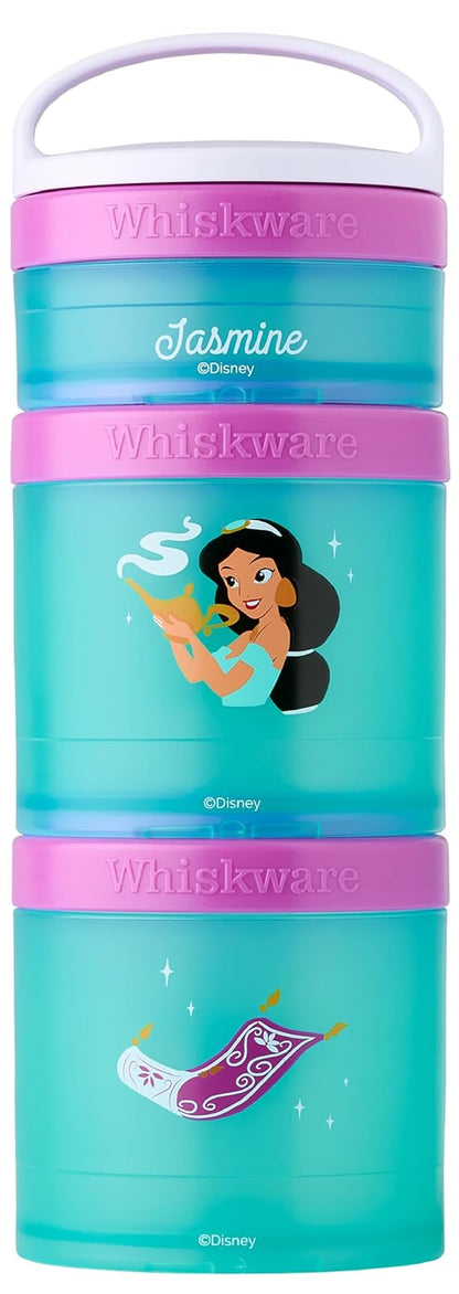 Whiskware Disney Princess Aladdin, contenedores apilables para bebés, niños y niños, 3 tazas apilables para aperitivos para la escuela o viajes, mochila y portavasos, alfombra mágica y jazmín