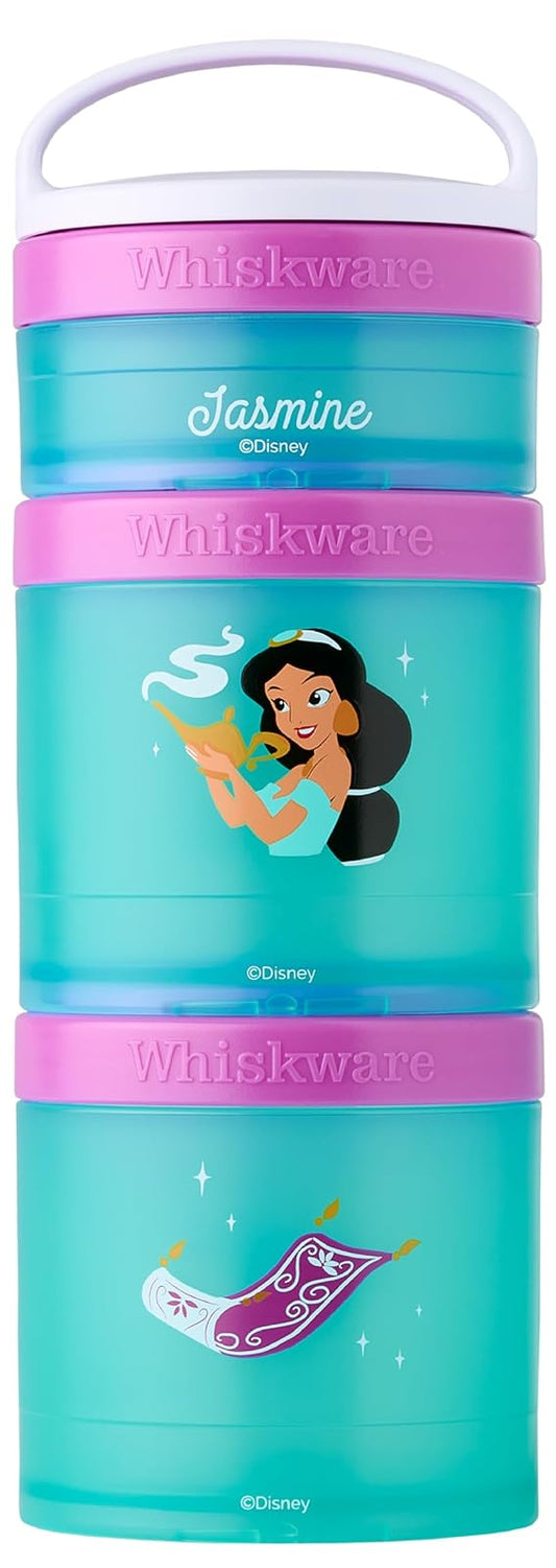 Whiskware Disney Princess Aladdin, contenedores apilables para bebés, niños y niños, 3 tazas apilables para aperitivos para la escuela o viajes, mochila y portavasos, alfombra mágica y jazmín
