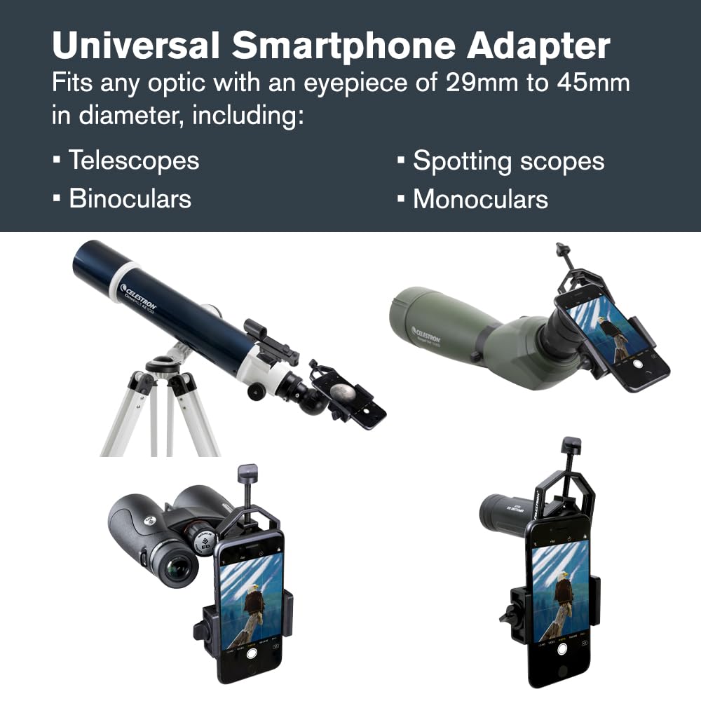 Celestron – Adaptador de fotografía de Smartphone para telescopio – Adaptador de Smartphone Digiscoping – Captura Fotos y Video a través de tu telescopio o mira Ocular