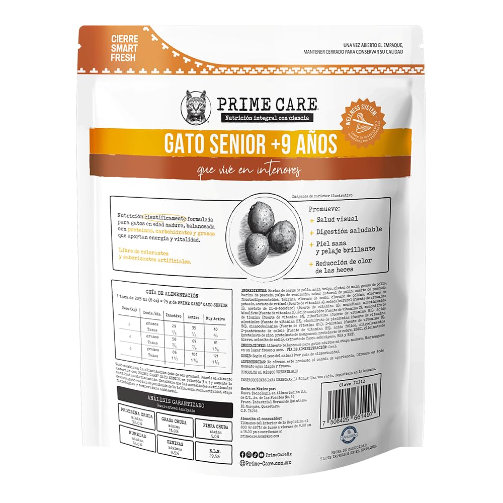 Prime Care Alimento para Gato Senior, 1.5 kg, Ideal para Gatos Mayores (+9 Años)