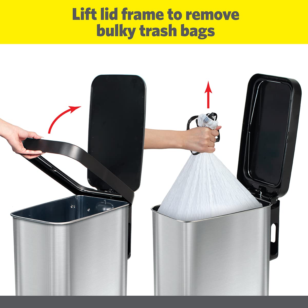 Glad Cubo de basura delgado con protección contra olores Clorox – Cubo de basura de cocina estrecho con tapa de cierre suave, pedal y soporte para rollo de bolsa de basura, acero inoxidable, 45 litro