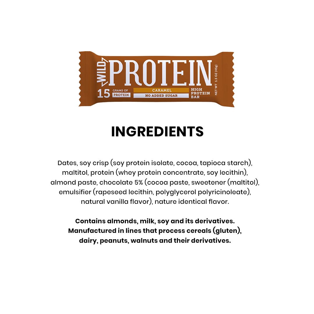 Wild Protein | Barras altas en proteína | Sabor caramelo | Pack de 16 unidades | 15 g de proteína | Sin azúcares ni grasa añadida | 45 g cada barra
