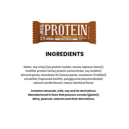 Wild Protein | Barras altas en proteína | Sabor caramelo | Pack de 16 unidades | 15 g de proteína | Sin azúcares ni grasa añadida | 45 g cada barra