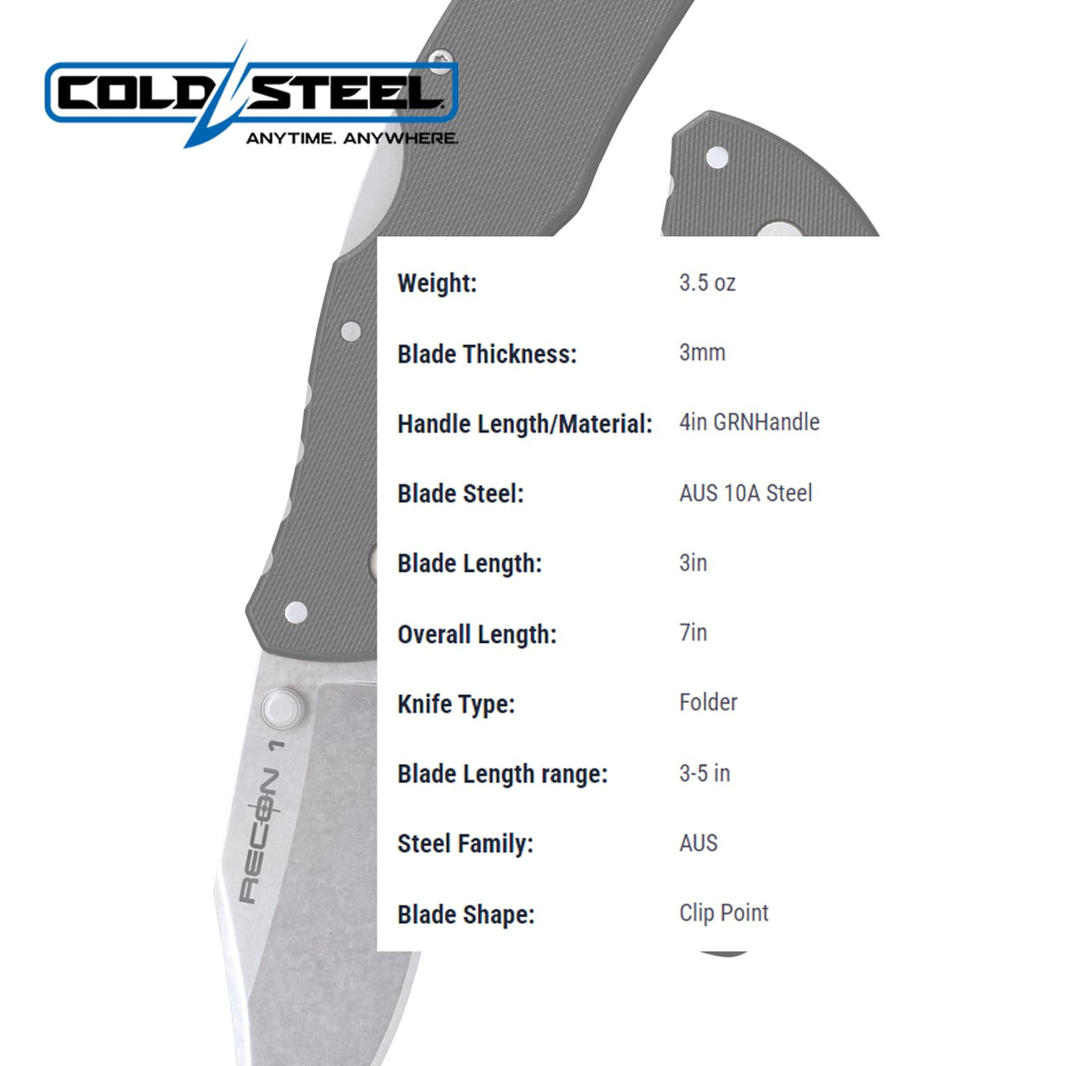 Cold Steel Mini Recon 1 cuchilla de punta de clip AUS10A de 3 pulgadas, mango GFN de 4 pulgadas, cuchillo plegable con bloqueo de triple anuncio, bolsillo ambidiestro/clip para cinturón