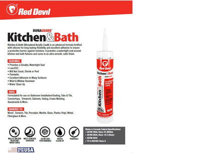 Red Devil 0405 DuraGuard Kitchen And Bath Siliconized Acrylic Caulk, 5.5 Oz, Squeeze Tube, Paste, White