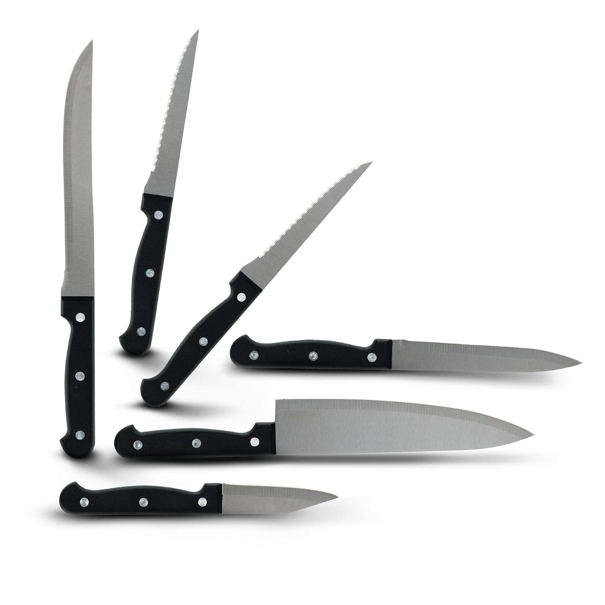Ekco | Juego de Cuchillos Classic 6 Piezas Acero Inoxidable Negro | Triple remache, Mangos baquelita, Acero inoxidable, Corte preciso, Chef 20cm, Rebanador 19cm, Multiusos 12.7cm
