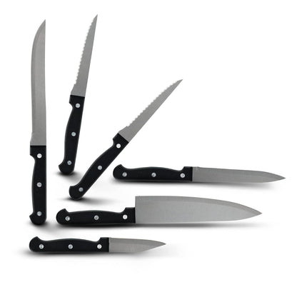 Ekco | Juego de Cuchillos Classic 6 Piezas Acero Inoxidable Negro | Triple remache, Mangos baquelita, Acero inoxidable, Corte preciso, Chef 20cm, Rebanador 19cm, Multiusos 12.7cm