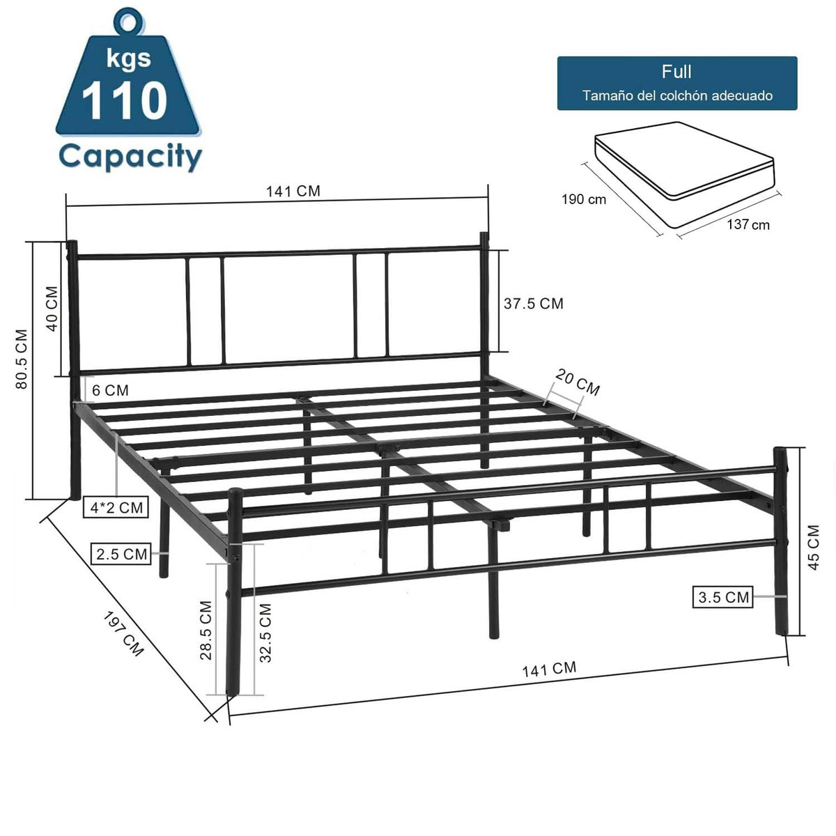 LÖSEN Cama de Hierro Estilo Industrial para Dormitorio, Habitación de Invitados y Apartamento 197 x 141 x 80.5 cm Negro