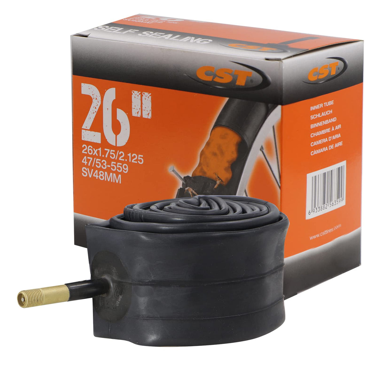 Cámara CST 26x1.75-2.125 ‍ | MTB Montaña | Válvula Presta 48mm | con Sellador Antipinchazos | Resistente y Fácil de Instalar