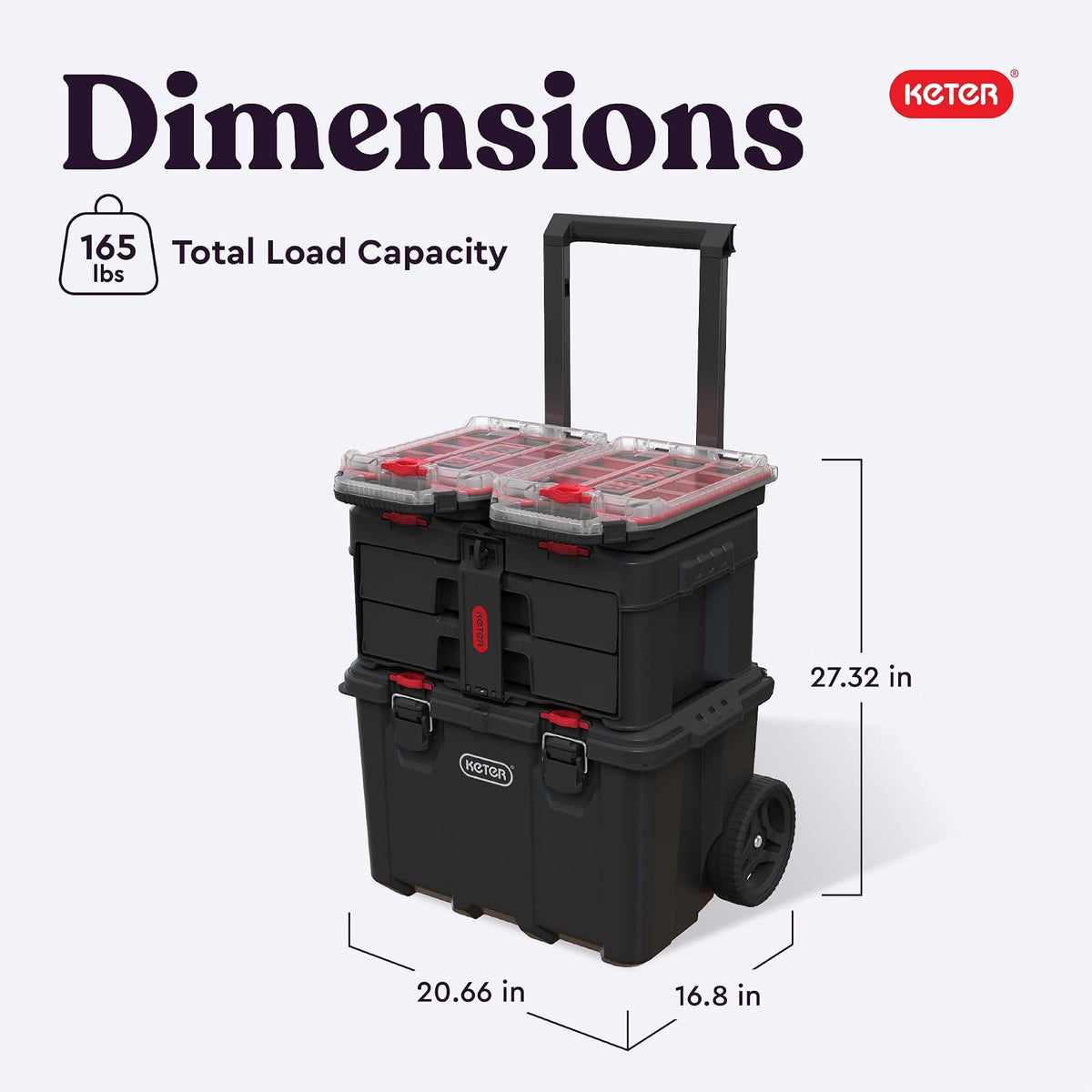 Keter Stack-n-Roll Organizador de herramientas modulares para almacenamiento de cochera y bricolaje, sistema de caja de herramientas de resina para piezas pequeñas, color negro