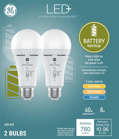 GE LED+ - Bombillas LED de batería de reserva, A21, luz de emergencia recargable para cortes de energía + linterna, blanco suave (paquete de 2)