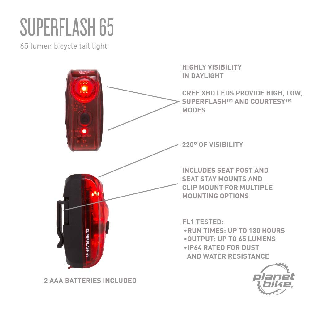 Planet Bike Superflash 65 - Luz Trasera para Bicicleta, Color Rojo y Negro
