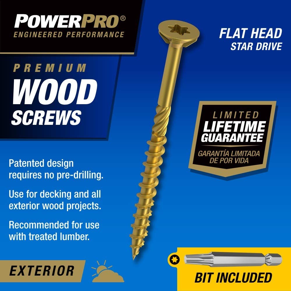 Power Pro 48595 Tornillos para madera, #8 x 1-1/2 pulgadas, tornillos para cubierta exterior premium, resistentes a la corrosión, bronce recubierto de epoxi, caja de 1 libra, 203 piezas
