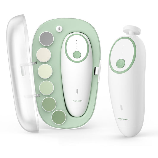 Momcozy Lima de Uñas Eléctrica Recargable para Bebé, Cortaúñas Infantil con Luz Nocturna, 7 Cabezales de Repuesto, Color Verde